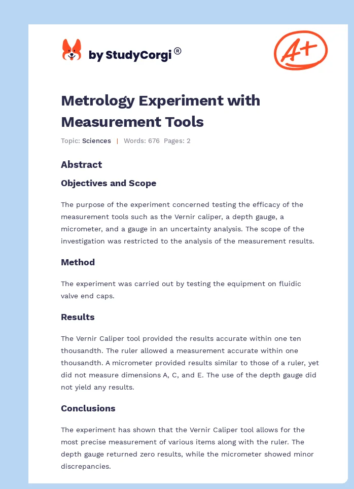Metrology Experiment with Measurement Tools. Page 1