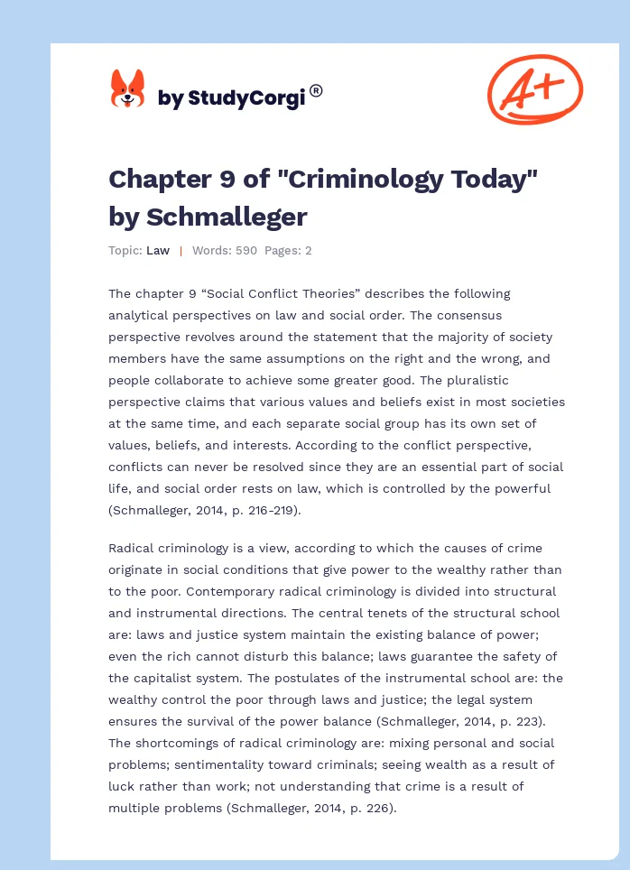 Chapter 9 of "Criminology Today" by Schmalleger. Page 1