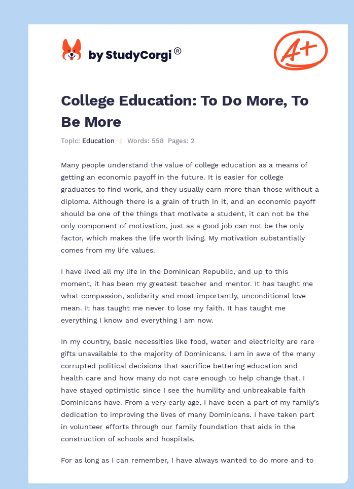 College Education: To Do More, To Be More. Page 1