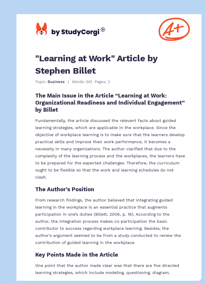 "Learning at Work" Article by Stephen Billet. Page 1