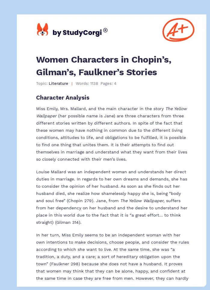 Women Characters in Chopin’s, Gilman’s, Faulkner’s Stories. Page 1