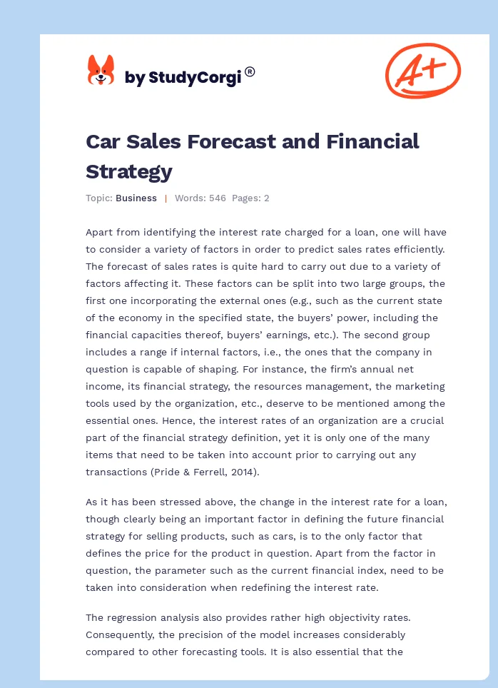 Car Sales Forecast and Financial Strategy. Page 1