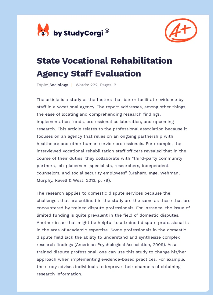 State Vocational Rehabilitation Agency Staff Evaluation. Page 1