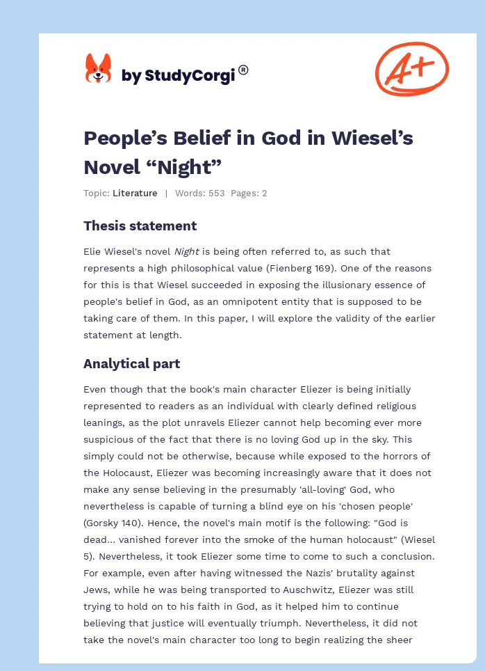 People’s Belief in God in Wiesel’s Novel “Night”. Page 1