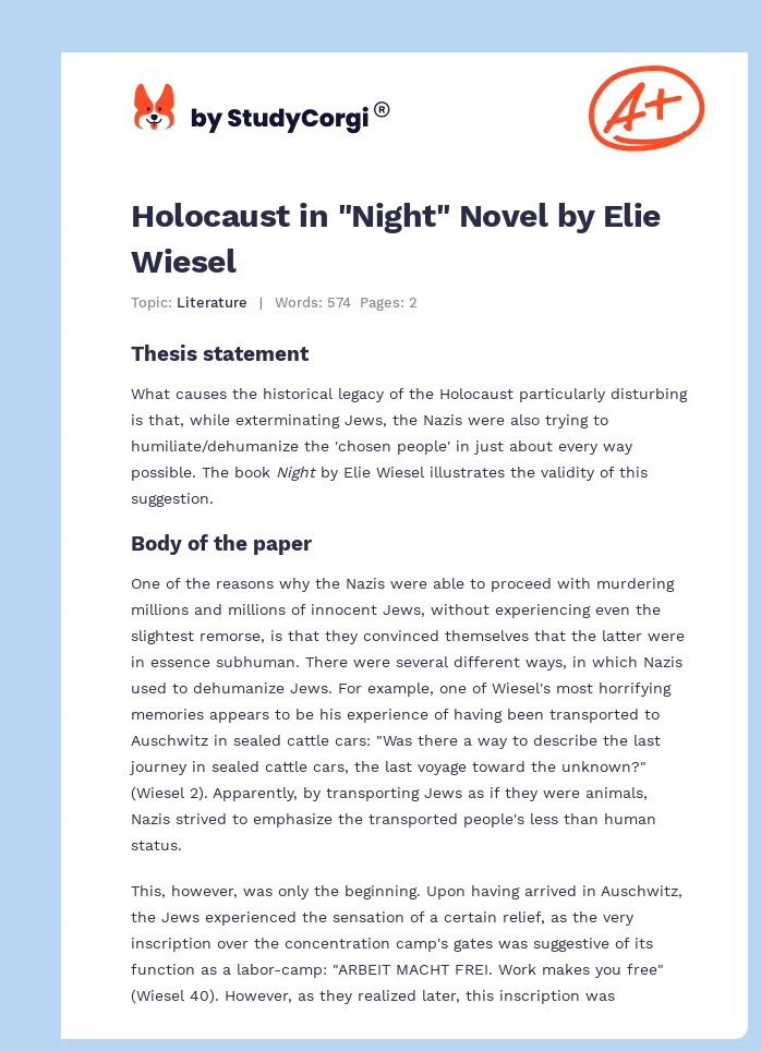 Holocaust in "Night" Novel by Elie Wiesel. Page 1