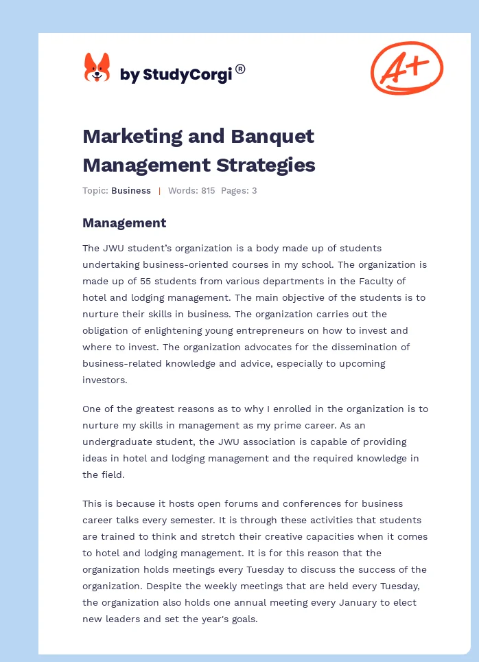 Marketing and Banquet Management Strategies. Page 1