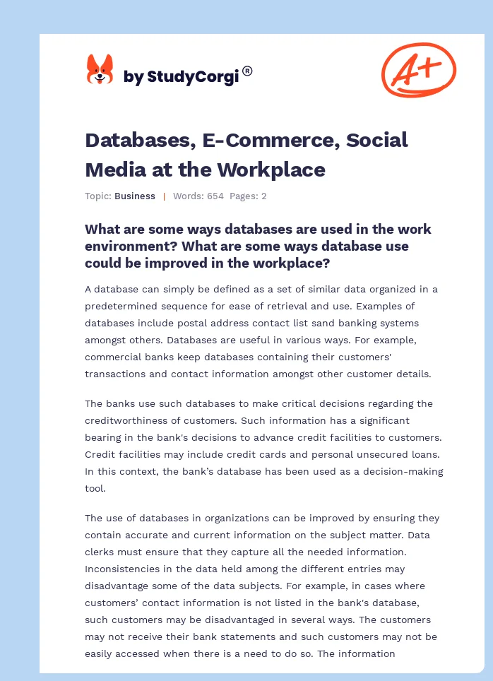 Databases, E-Commerce, Social Media at the Workplace. Page 1