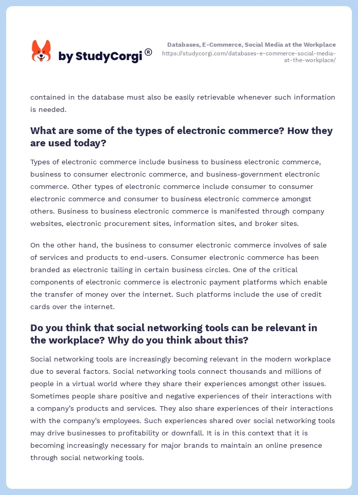Databases, E-Commerce, Social Media at the Workplace. Page 2