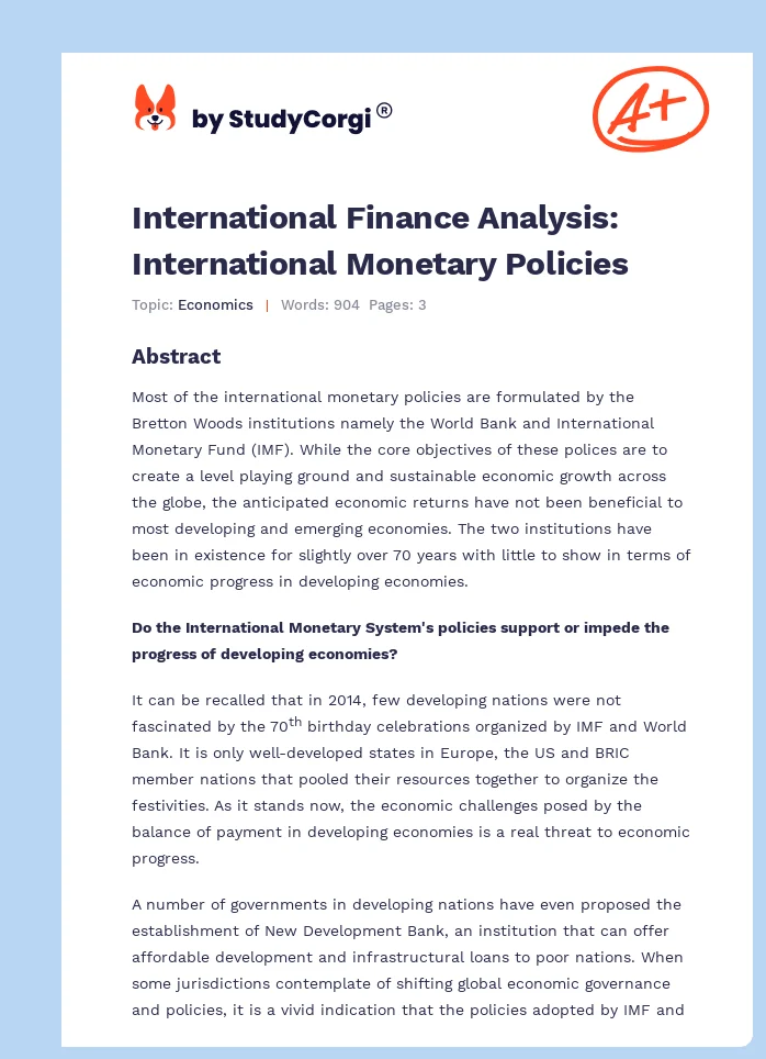 International Finance Analysis: International Monetary Policies. Page 1
