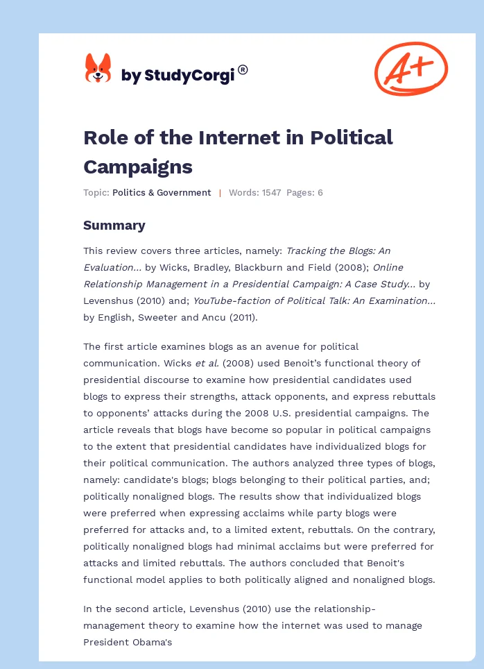 Role of the Internet in Political Campaigns. Page 1