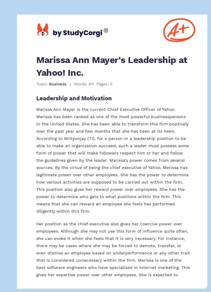 Marissa Ann Mayer's Leadership at Yahoo! Inc.. Page 1