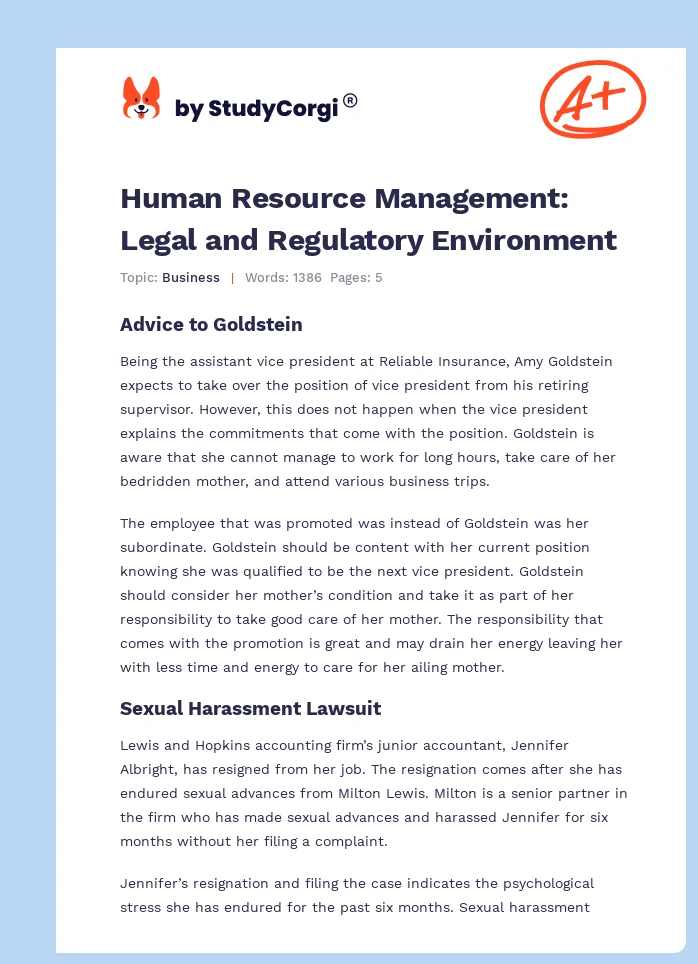 Human Resource Management: Legal and Regulatory Environment. Page 1