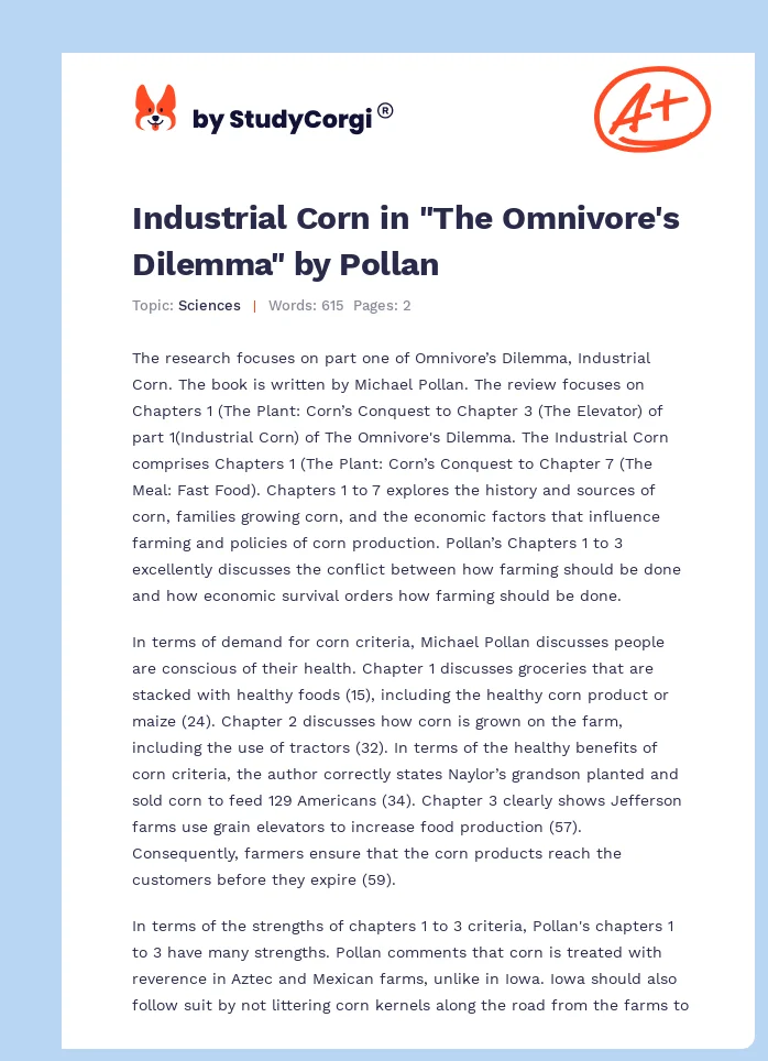 Industrial Corn in "The Omnivore's Dilemma" by Pollan. Page 1