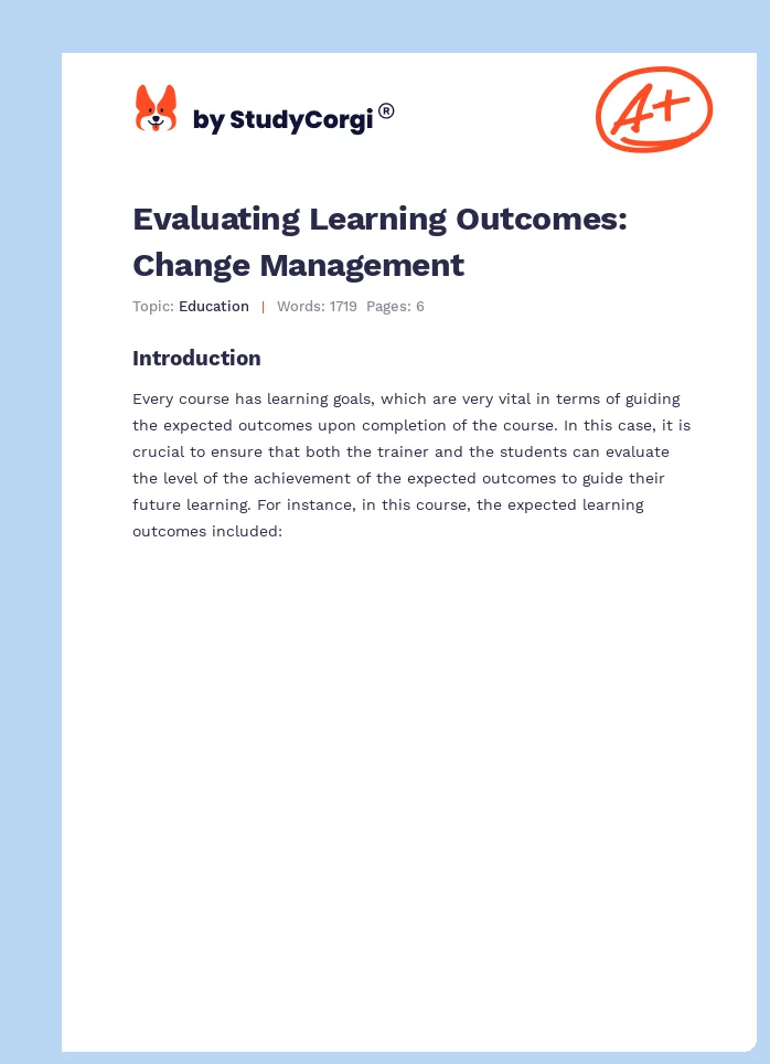 Evaluating Learning Outcomes: Change Management. Page 1