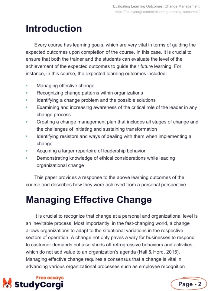 Evaluating Learning Outcomes: Change Management. Page 2