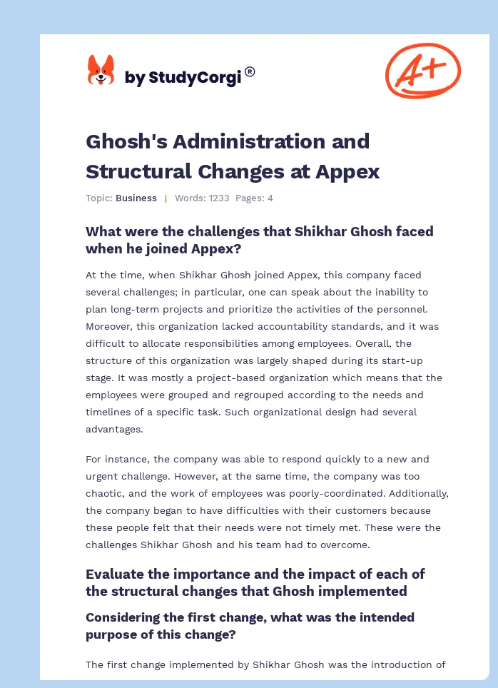 Ghosh's Administration and Structural Changes at Appex. Page 1