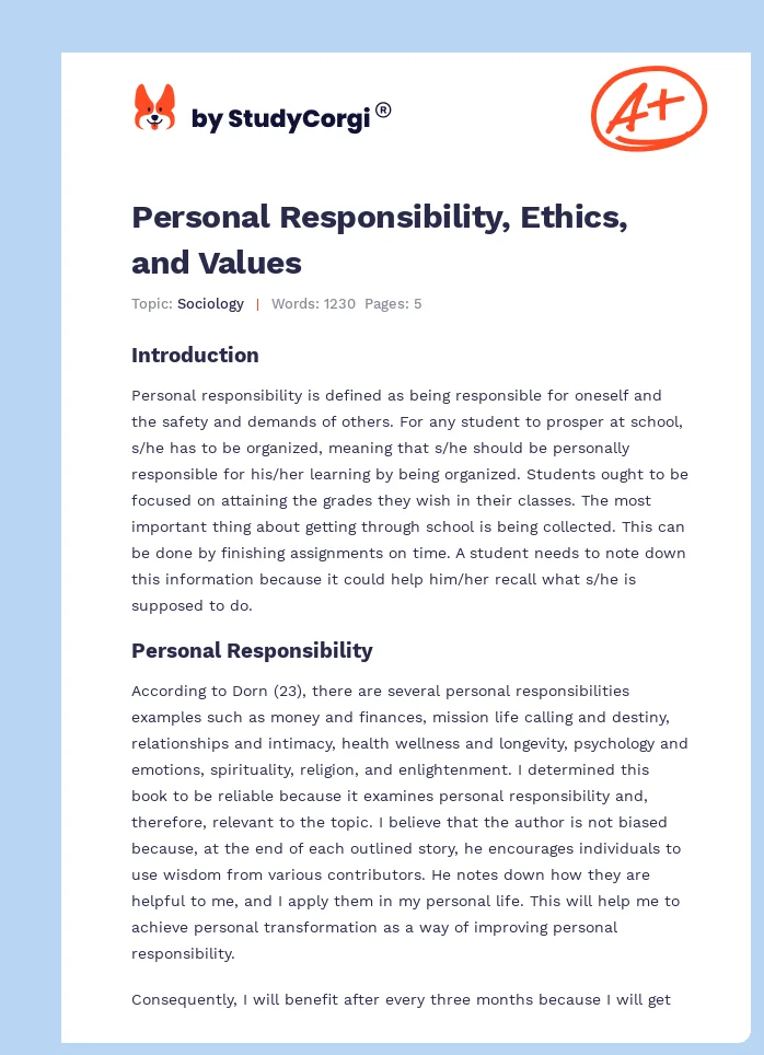 Personal Responsibility, Ethics, and Values. Page 1