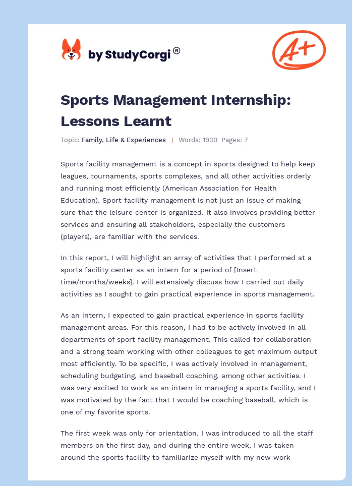 Sports Management Internship: Lessons Learnt. Page 1