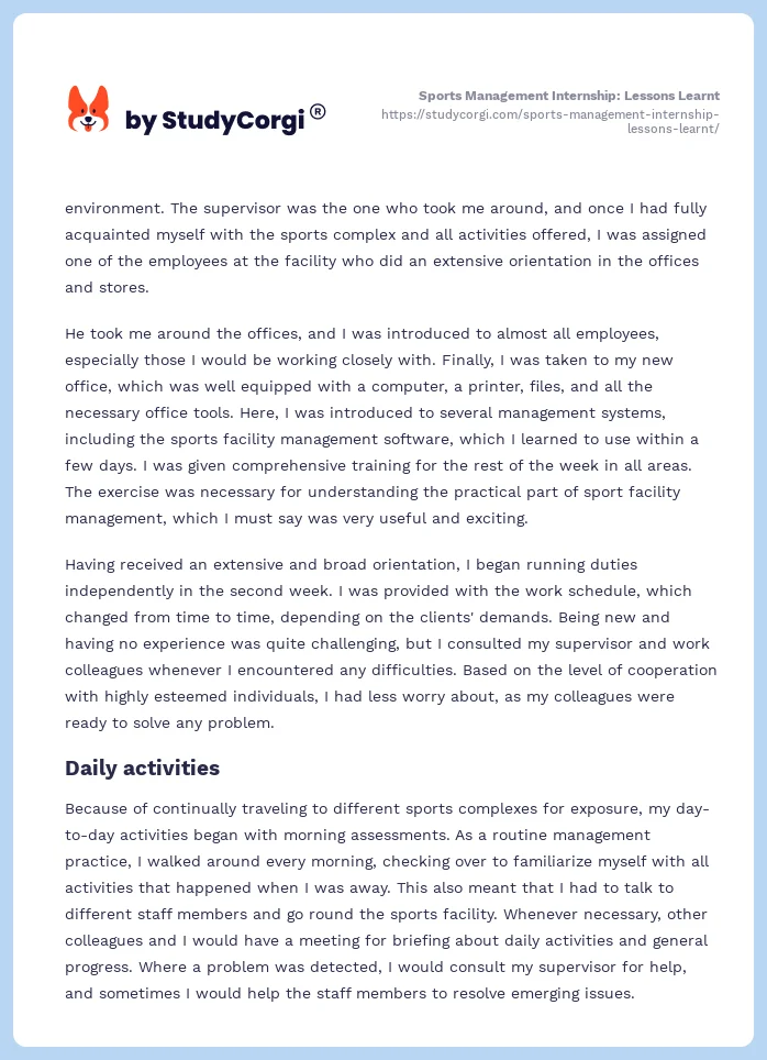 Sports Management Internship: Lessons Learnt. Page 2