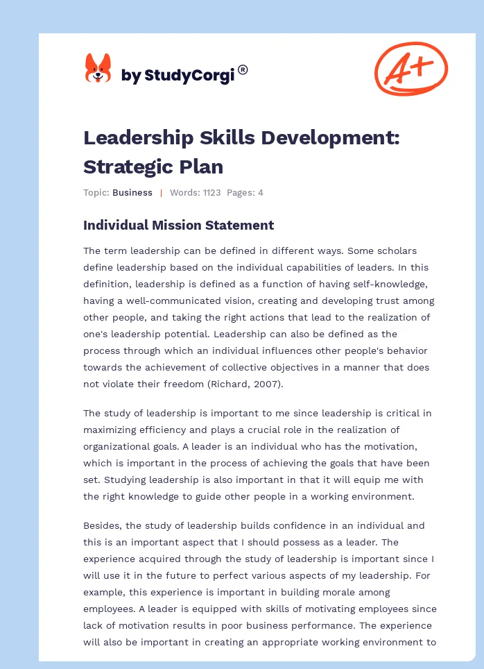 Leadership Skills Development: Strategic Plan. Page 1