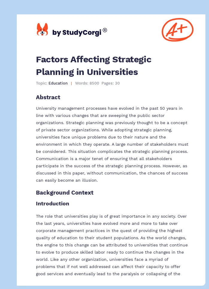 Factors Affecting Strategic Planning in Universities. Page 1