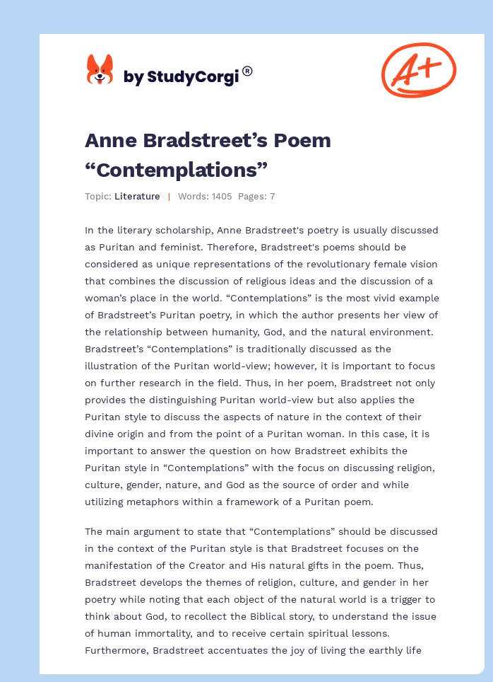Anne Bradstreet’s Poem “Contemplations”. Page 1
