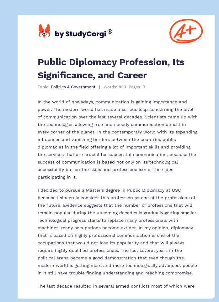 Public Diplomacy Profession, Its Significance, and Career. Page 1