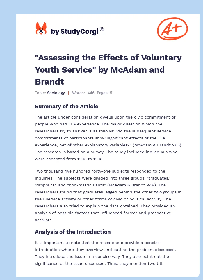 "Assessing the Effects of Voluntary Youth Service" by McAdam and Brandt. Page 1