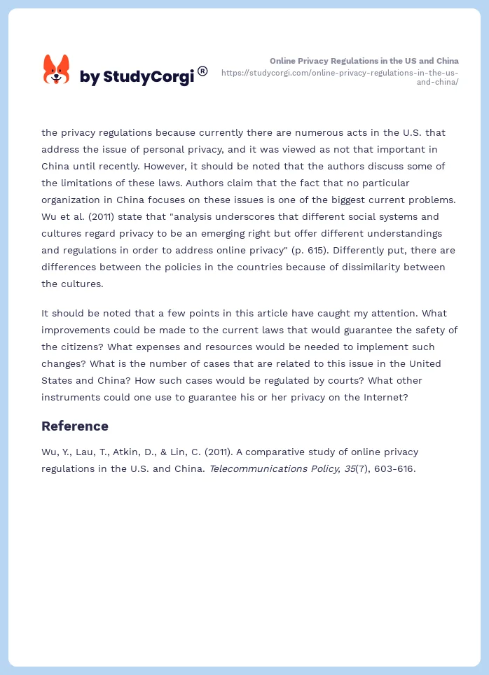 Online Privacy Regulations in the US and China. Page 2