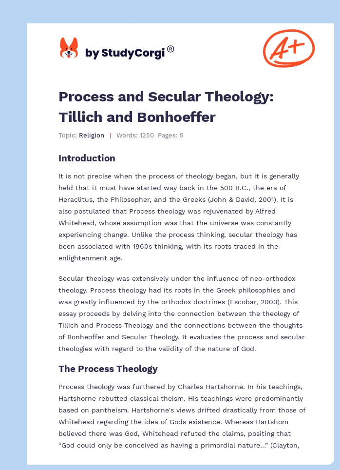 Process and Secular Theology: Tillich and Bonhoeffer. Page 1