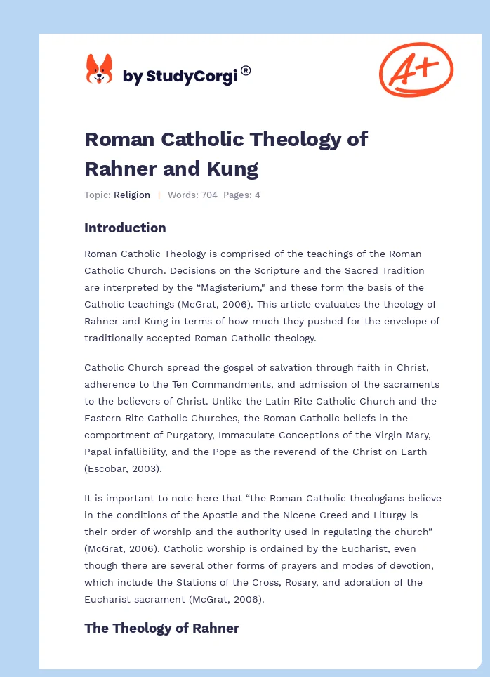 Roman Catholic Theology of Rahner and Kung. Page 1