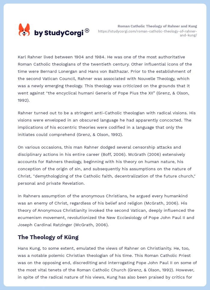 Roman Catholic Theology of Rahner and Kung. Page 2