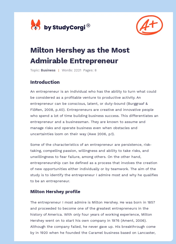 Milton Hershey as the Most Admirable Entrepreneur. Page 1