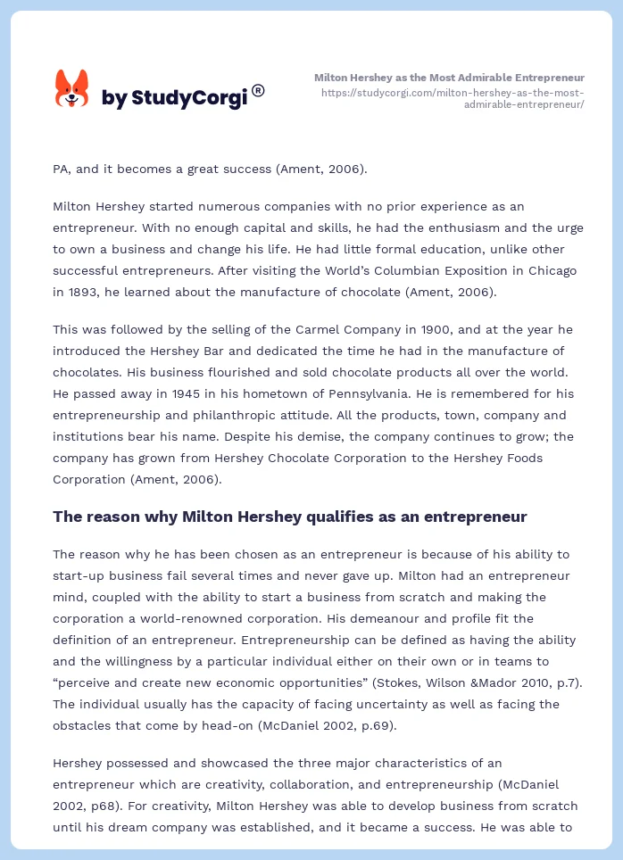 Milton Hershey as the Most Admirable Entrepreneur. Page 2