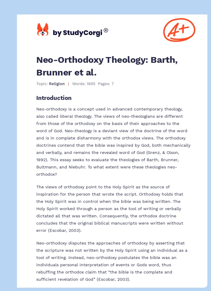 Neo-Orthodoxy Theology: Barth, Brunner et al.. Page 1