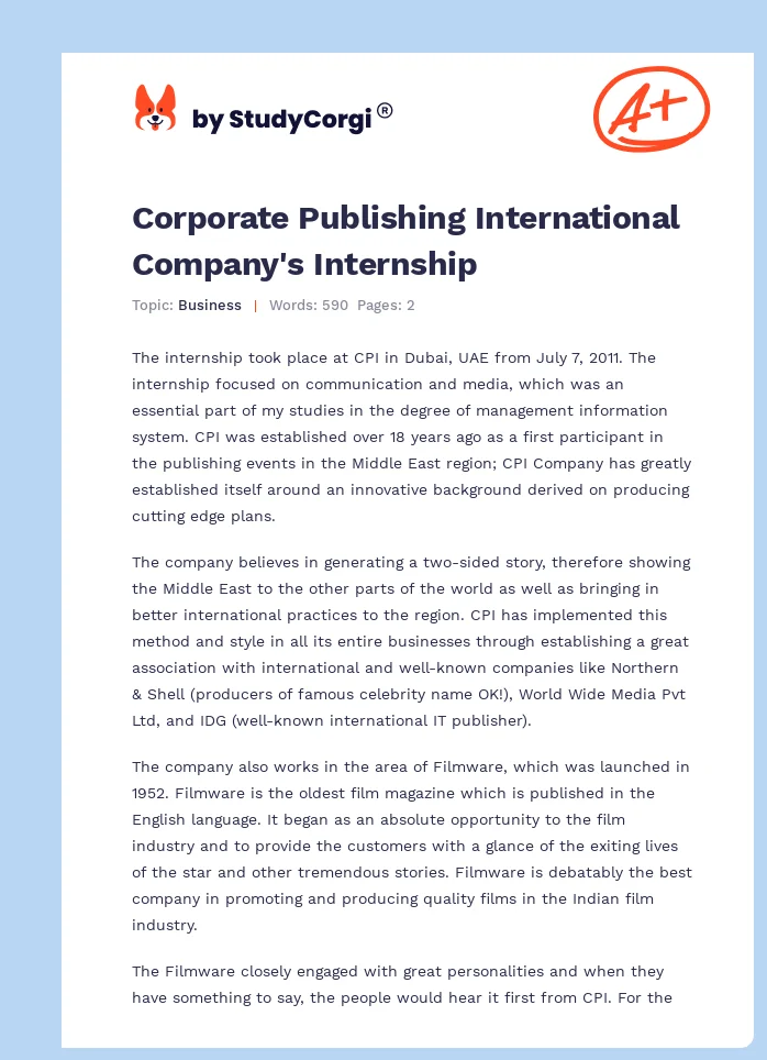 Corporate Publishing International Company's Internship. Page 1