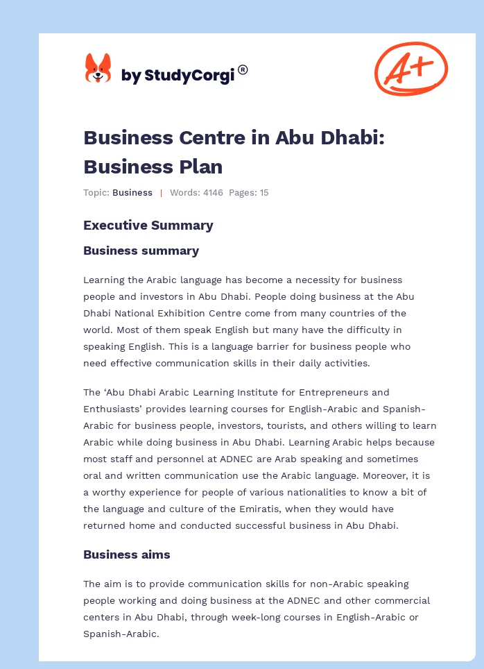 Business Centre in Abu Dhabi: Business Plan. Page 1
