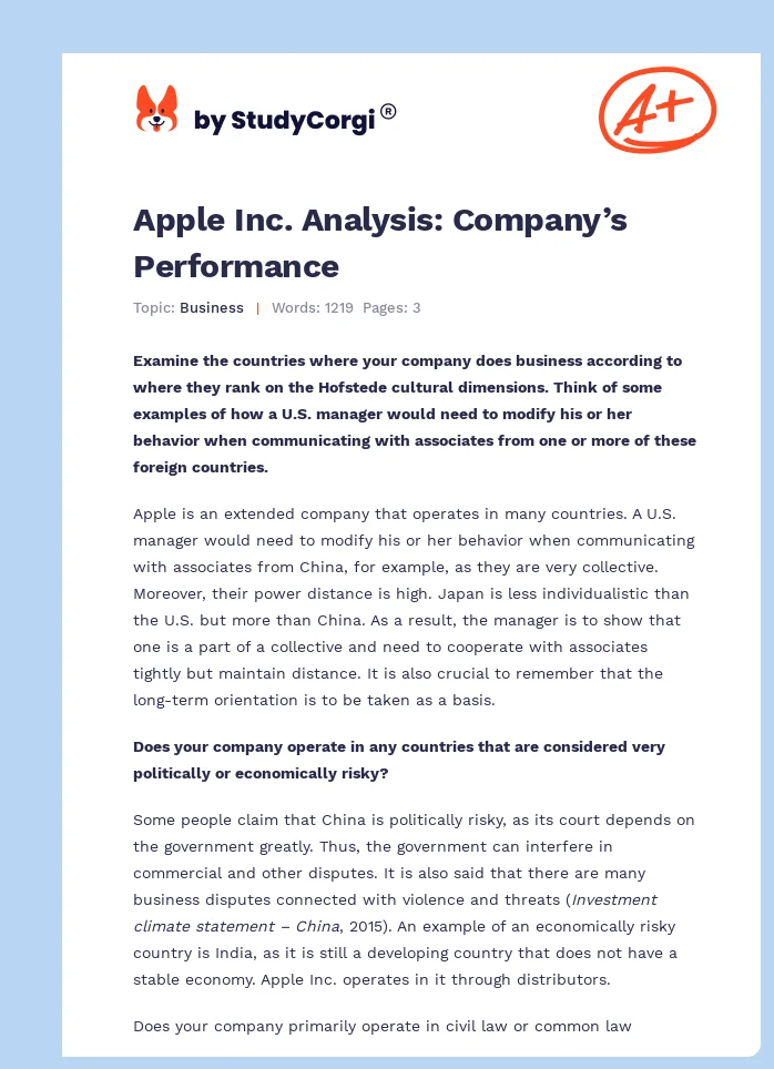 Apple Inc. Analysis: Company’s Performance. Page 1