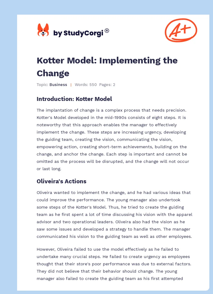 Kotter Model: Implementing the Change. Page 1