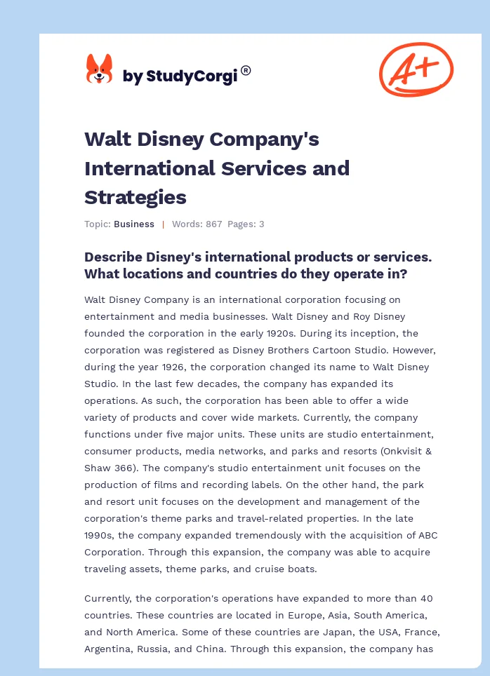 Walt Disney Company's International Services and Strategies. Page 1
