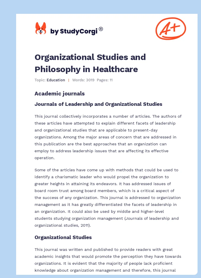 Organizational Studies and Philosophy in Healthcare. Page 1