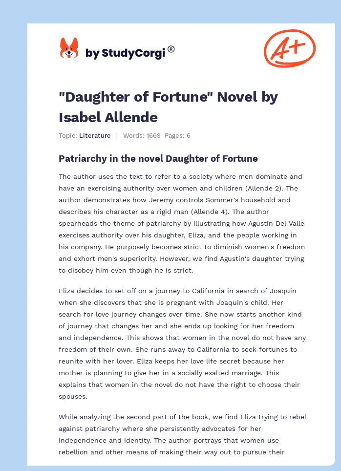 "Daughter of Fortune" Novel by Isabel Allende. Page 1