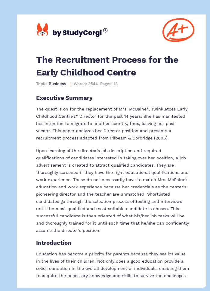 The Recruitment Process for the Early Childhood Centre. Page 1