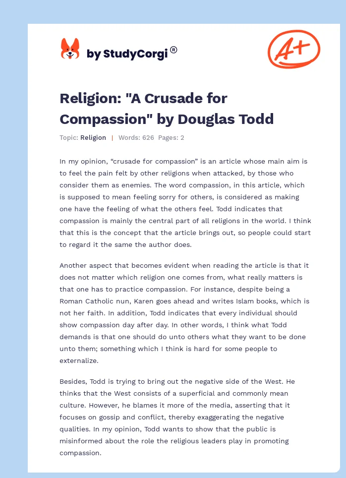 Religion: "A Crusade for Compassion" by Douglas Todd. Page 1