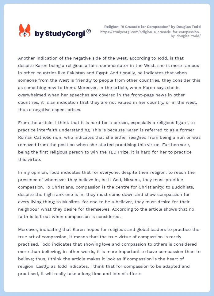 Religion: "A Crusade for Compassion" by Douglas Todd. Page 2