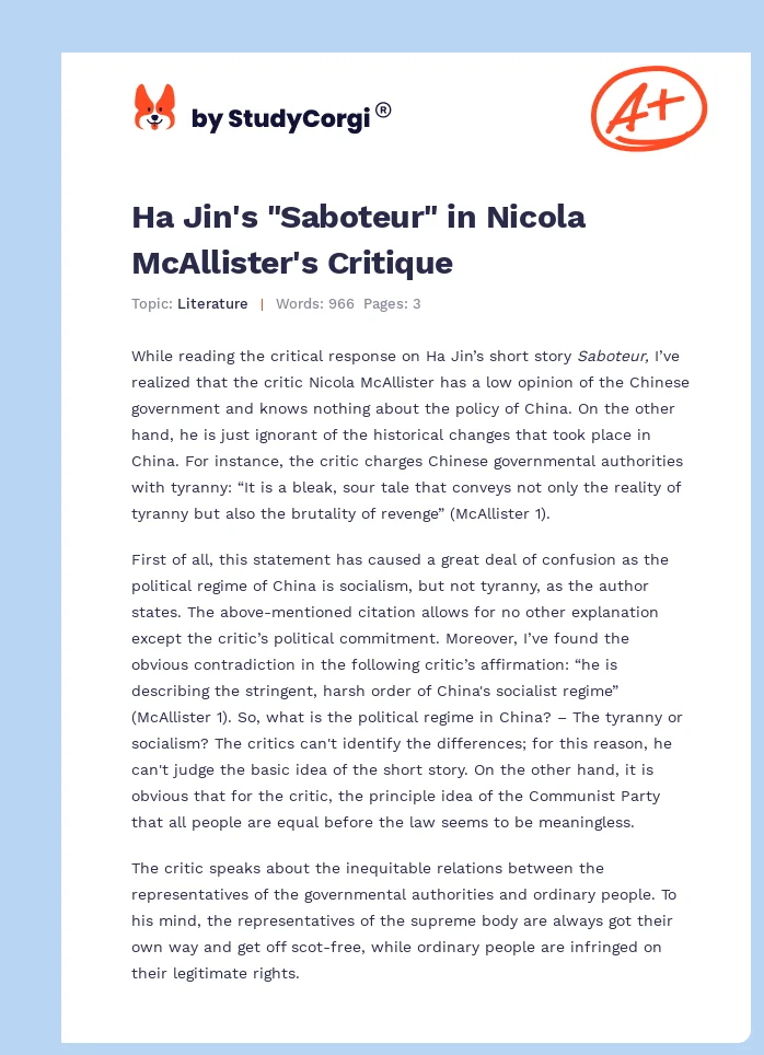 Ha Jin's "Saboteur" in Nicola McAllister's Critique. Page 1