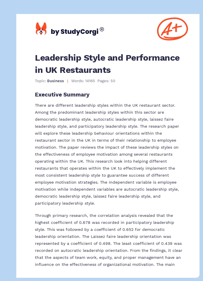 Leadership Style and Performance in UK Restaurants. Page 1