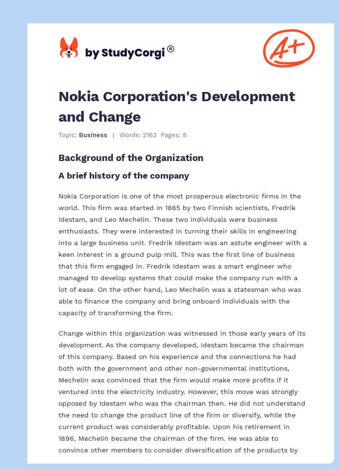 Nokia Corporation's Development and Change. Page 1