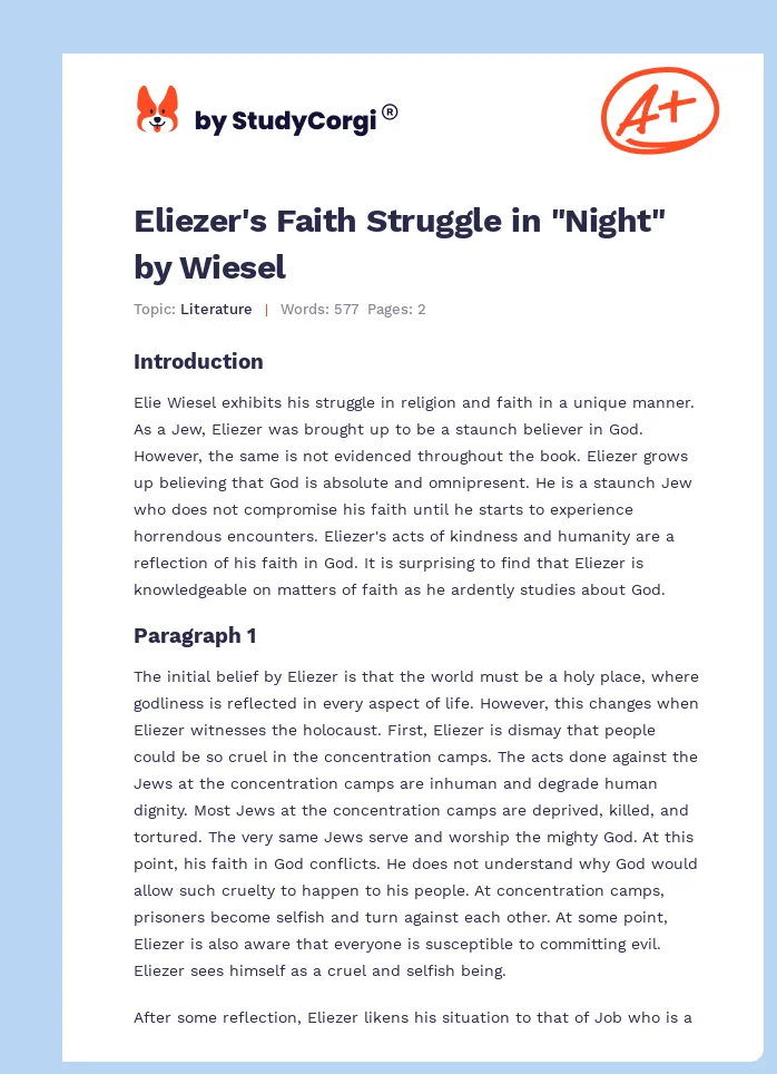 Eliezer's Faith Struggle in "Night" by Wiesel. Page 1