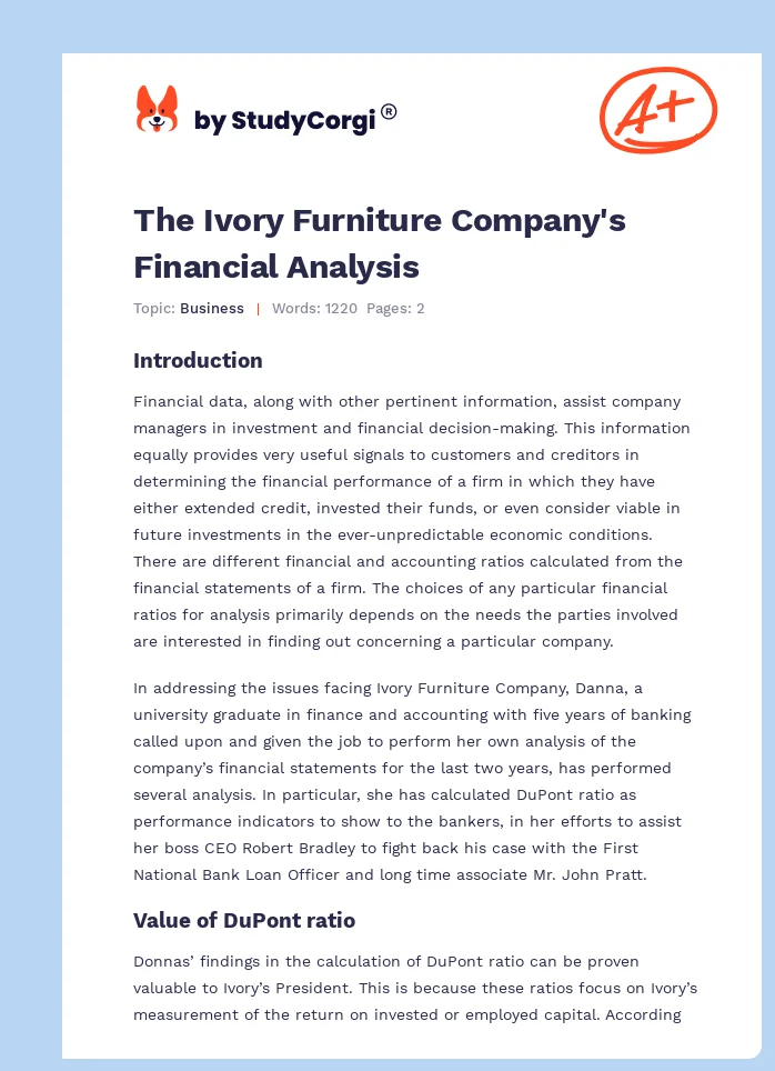 The Ivory Furniture Company's Financial Analysis. Page 1